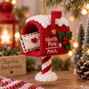 Peut inclure: Une décoration en crochet en forme de boîte aux lettres rouge et blanche avec un toit enneigé, un pied rayé et une petite enveloppe à cœur rouge. Le côté porte l'inscription North Pole MAIL avec du houx vert et des baies rouges.
