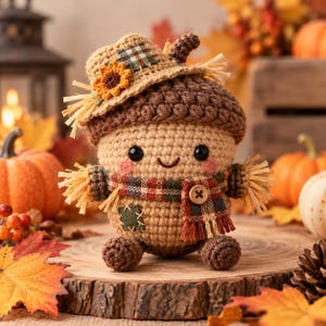 Könnte beinhalten: Eine gehäkelte Eichelfigur mit einem beigen Hut, einer Sonnenblume, einem karierten Schal mit Holzknopf und einem kleinen grünen Flicken. Die Figur hat schwarze Perlenaugen, ein gesticktes Lächeln, rosa Wangen und strohartige Fransen an Hut und Ärmeln.