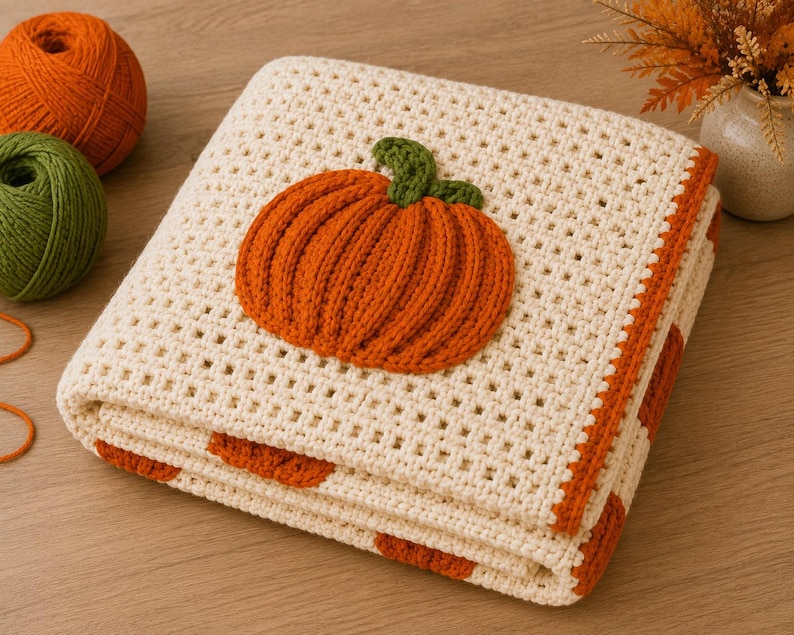 May include: A folded cream-colored crochet blanket featuring a textured orange pumpkin appliqu&eacute; with a green stem. The blanket has a grid-like stitch pattern and an orange border, showcasing a repeating pumpkin motif along the folded edges.