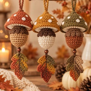 Puede incluir: Tres adornos colgantes de ganchillo con forma de setas, bases de bellota y hojas colgantes. Los sombreros de las setas son de color óxido, mostaza y verde oliva con puntos blancos. Cada pieza incluye una cuenta de madera marrón y una hoja.