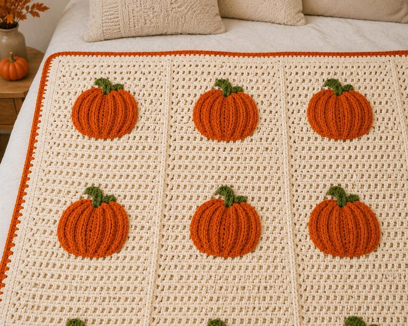 May include: A cream-colored crochet blanket featuring a repeating pattern of textured orange pumpkins with green stems. The blanket is bordered by a thin orange trim and is constructed with a grid-like stitch pattern between the pumpkin motifs.