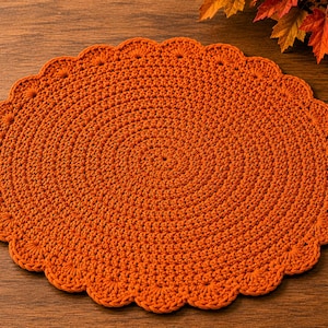 May include: A round, burnt orange crochet doily featuring a dense, spiraling center pattern and a decorative scalloped edge. The textile piece is constructed with a consistent stitch throughout, creating a textured, circular surface design.