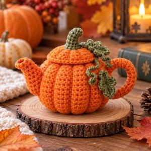 May include: A crochet teapot shaped like a pumpkin in vibrant orange yarn. The teapot features a textured ribbed body, a matching lid with a green stem, and a curved handle. Decorative green crocheted leaves and curly vines adorn the side.