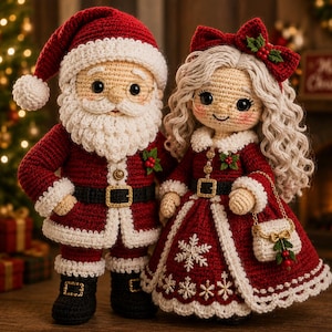 Pode incluir: Dois bonecos de crochê representando o Papai Noel e a Mamãe Noel. O Papai Noel veste um traje vermelho com acabamento branco, cinto preto e botas pretas. A Mamãe Noel tem cabelos longos e cacheados, um vestido vermelho com flocos de neve e bolsa.