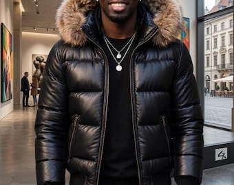 Unisex Black Leather Puffer Jacket, Fur Hood Jacket, Winter Puffer Coat, Luxury Streetwear Jacket, Black Winter Fashion Coat for Men & Women