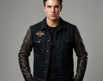 Harley-Davidson, Genuine Leather Sleeves, Slim Fit Biker Coat, Men's Black Denim Motorcycle, Cafe Racer Jacket, Black Leather Jacket