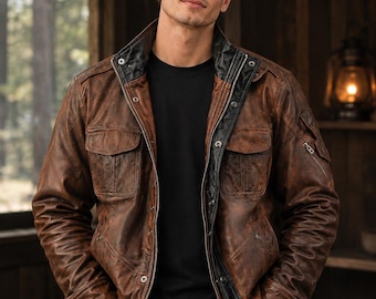 Men's Brown Lambskin Leather Jacket, Distressed Vintage Biker Jacket, Motorcycle Workwear Coat, Retro Casual Utility Outerwear