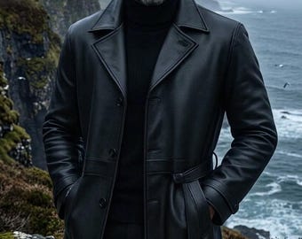 Men's Black Leather Trench Coat, Genuine Leather Long Overcoat, Stylish Winter Coat, Handmade Luxury Leather Coat for Men