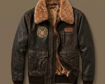 Men's Distressed Sheepskin Aviator Jacket, Pilot Flight Bomber, Fur Collar Military Air Force Jacket, Vintage Leather Coat