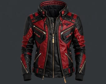 Cyberpunk Leather Jacket, Red Black Techwear Coat, Hooded Biker Jacket, Futuristic Motorcycle Jacket, Cosplay Streetwear Gift for Him