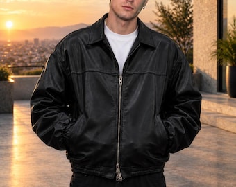 Leather Jackets, Black Leather Jacket for Men, Vintage 90s Retro Bomber, Real Sheep Leather Outerwear, YKK Zipper, Relaxed Fit