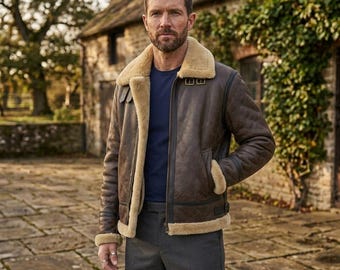 Men's Brown Shearling Leather Jacket, B3 Bomber Aviator Coat, Real Leather Winter Jacket, Gaming Cosplay Jacket, Halloween Costume