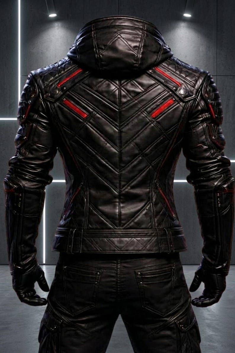 May include: A black leather hooded jacket featuring a quilted chevron pattern on the back, red accent stripes, and structured shoulder panels. The jacket is paired with matching black leather pants, creating a cohesive, dark, and textured ensemble.