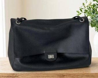 Genuine Cowhide Leather Soft Flap Shoulder Bag, Large Tote, Silver Turn-Lock Closure