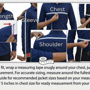 May include: A navy blue long-sleeved button-down shirt shown in a series of instructional photos demonstrating how to measure length, sleeve, chest, shoulder, bottom, and waist using a white measuring tape, with text explaining sizing instructions.