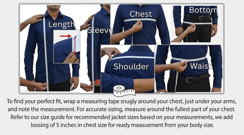 May include: A navy blue long-sleeved button-down shirt shown in a series of instructional photos demonstrating how to measure length, sleeve, chest, shoulder, bottom, and waist using a white measuring tape, with text explaining sizing instructions.
