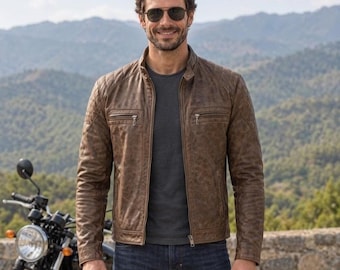 Men's Brown Leather Motorcycle Jacket, Cafe Racer Biker Coat, Handmade Riding Jacket, Waxed Lambskin Leather Jacket