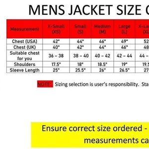 May include: A jacket size chart in inches featuring a line drawing of a jacket with arrows indicating measurement points for shoulder, chest, waist, bottom, and sleeve length, alongside a table listing sizes from X-Small to XXXX-Large with measurements.