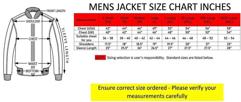 May include: A jacket size chart in inches featuring a line drawing of a jacket with arrows indicating measurement points for shoulder, chest, waist, bottom, and sleeve length, alongside a table listing sizes from X-Small to XXXX-Large with measurements.