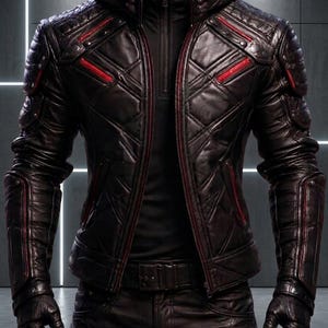 May include: A black leather jacket with a hood, featuring quilted diamond patterns, red piping accents, and a front zipper closure. The jacket includes structured shoulder and arm panels, matching black leather gloves, and black leather trousers.