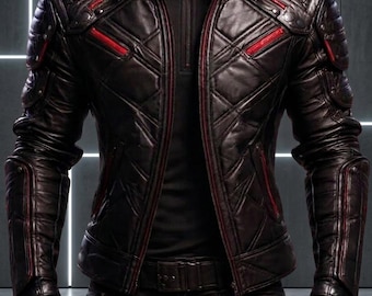 Futuristic Cyberpunk Leather Jacket, Techwear Motorcycle Coat, Geometric Quilted Punk Outerwear, Sci Fi Mens Fashion Jacket