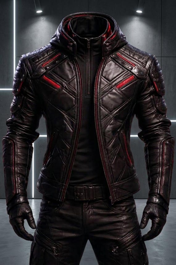 Futuristic Cyberpunk Leather Jacket, Techwear Motorcycle Coat, Geometric Quilted Punk Outerwear, Sci Fi Mens Fashion Jacket