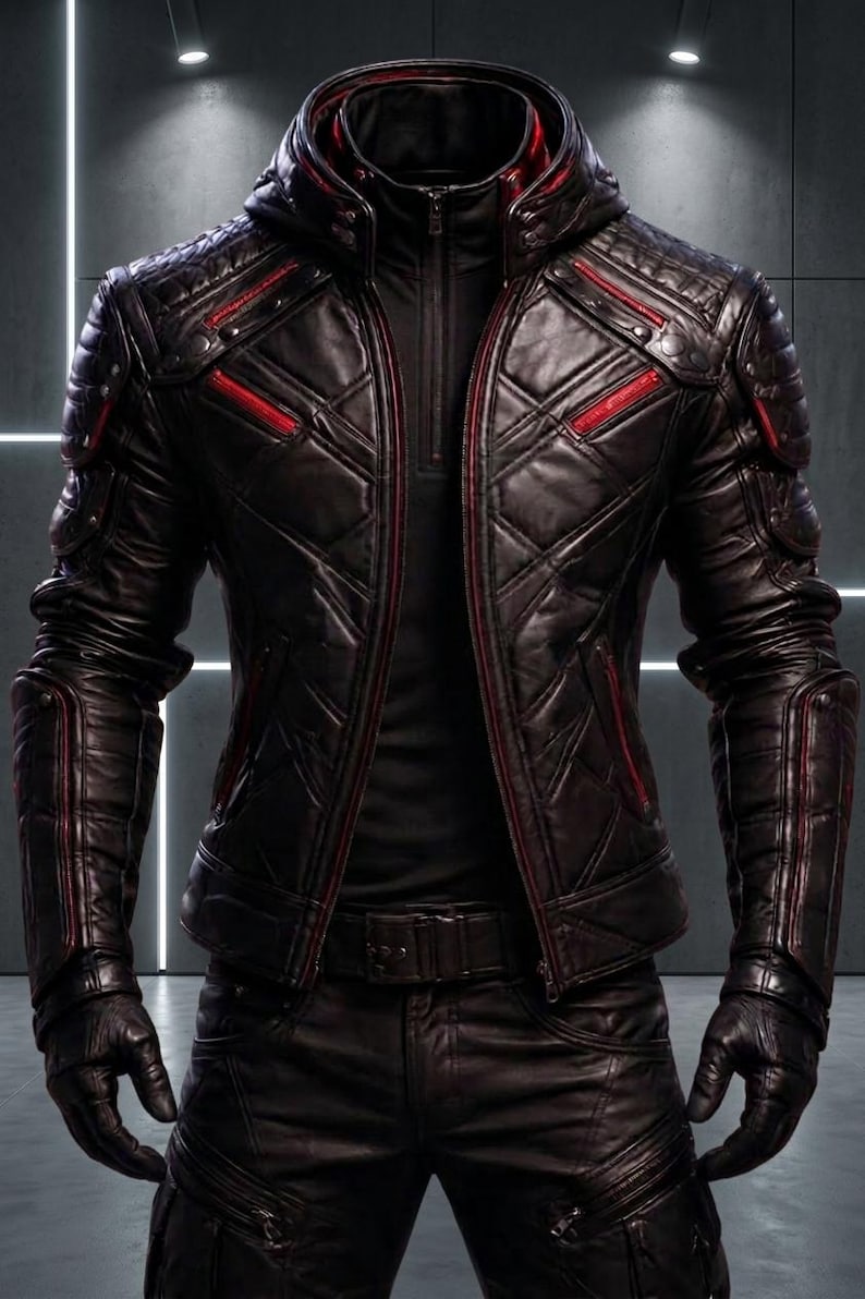 May include: A black leather jacket with a hood, featuring quilted diamond patterns, red piping accents, and a front zipper closure. The jacket includes structured shoulder and arm panels, matching black leather gloves, and black leather trousers.