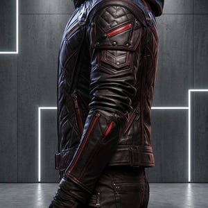 May include: A black leather hooded jacket featuring quilted paneling, red piping accents, and multiple zippered pockets. The jacket includes structured shoulder detailing, a fitted silhouette, and matching black leather gloves and trousers.
