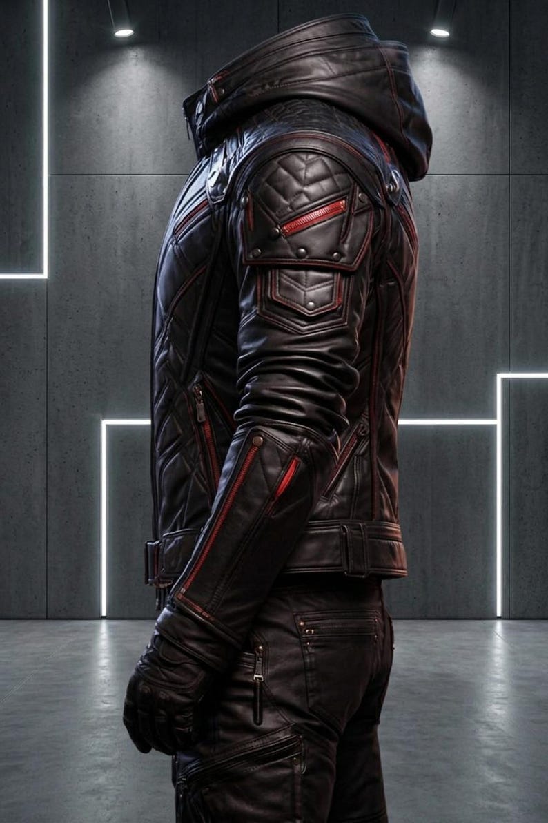 May include: A black leather hooded jacket featuring quilted paneling, red piping accents, and multiple zippered pockets. The jacket includes structured shoulder detailing, a fitted silhouette, and matching black leather gloves and trousers.