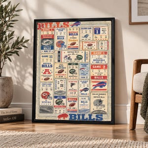 Pode incluir: Um cartaz vertical emoldurado com uma colagem de bilhetes de jogos de futebol americano vintage dos Buffalo Bills. O design inclui várias datas de jogos, logótipos de equipas, ilustrações de bolas e gráficos de estádios em vermelho, azul e branco.