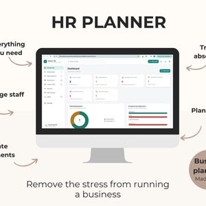 May include: A computer monitor displaying an HR Planner dashboard interface. Text labels include HR PLANNER, Everything you need, Track absences, Manage staff, Plan training, Collate documents, Business planning Made easy, and Remove the stress from running a business.