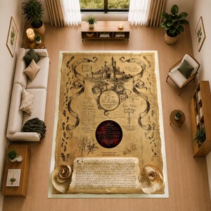 May include: A rectangular area rug featuring a vintage-style parchment design with sepia tones. The print displays a detailed illustration of a castle, ornate scrollwork borders, handwritten-style text, and a dark circular emblem at the center.