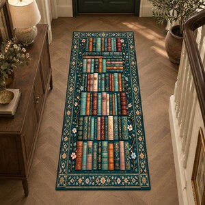 May include: A rectangular runner rug featuring a dark teal background with a repeating pattern of vintage-style books arranged in rows. The design includes intricate floral vines along the edges and a decorative border with small flower motifs.
