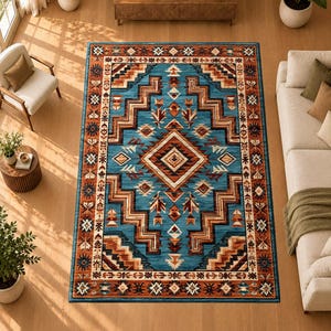Southwestern Geometric Runner Rug, Turquoise Tribal Aztec Hallway Carpet, Rust Orange Boho Vintage Entryway Decor
