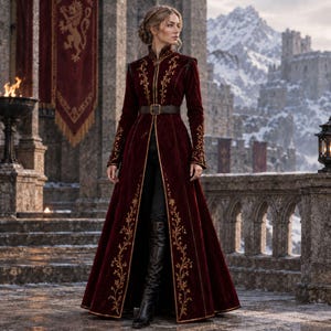 May include: A long, deep red velvet coat featuring intricate gold embroidery along the front opening, cuffs, and high collar. The coat is cinched at the waist with a dark brown leather belt featuring a rectangular buckle, worn over black trousers and boots.