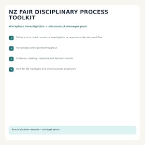 Op de afbeelding: Een wit document getiteld NZ FAIR DISCIPLINARY PROCESS TOOLKIT, met een pakket voor werkplekonderzoek en wangedrag. Het bevat vier opsommingstekens met vinkjes en een onderste banner met de tekst Practical admin resource, not legal advice.