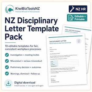 Peut inclure: Un pack de modèles de lettres disciplinaires NZ par KiwiBizToolsNZ comprenant 10 documents modifiables pour les processus en entreprise. Le document blanc affiche du texte incluant Disciplinary Letter, Investigation Meeting Invitation, et des champs pour la date, l'heure et le lieu, avec un espace pour un logo.