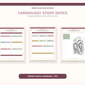 May include: A 6-page printable cardiology study bundle titled Nurse Success Studio Cardiology Study Notes. The pages feature organised sections for notes, ECG and rhythm study, and a detailed black and white anatomical heart diagram for labelling.
