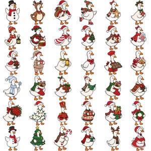 Op de afbeelding: Een verzameling van zesendertig cartoon gans illustraties met diverse vakantiethema's. Elke witte gans is afgebeeld met verschillende feestelijke accessoires, waaronder kerstmutsen, sjaals, kerstbomen, cadeaus, peperkoek en winterkleding.