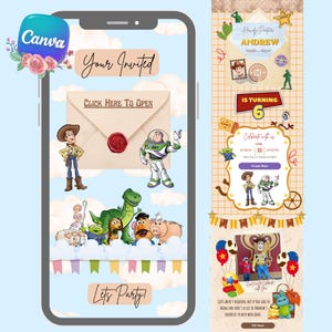 Puede incluir: Una plantilla de invitación de cumpleaños digital con personajes de Toy Story como Woody, Buzz Lightyear, Rex y el Sr. Cara de Papa. El diseño incluye un sobre con el texto Click Here To Open, Your Invited y Lets Party.