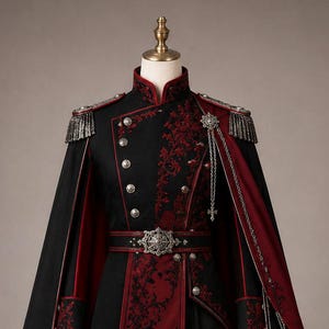 May include: A black and deep red military-style jacket with a high collar, silver buttons, and intricate floral embroidery. The ensemble includes a matching black cape with red lining, a decorative waist belt, and black trousers with red side stripes.