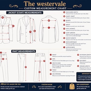 May include: The Westervale custom measurement chart displays line drawings of a jacket and pants with red arrows indicating measurement points labeled A through Q. Text includes instructions for measuring shoulder width, chest, waist, and inseam in inches.