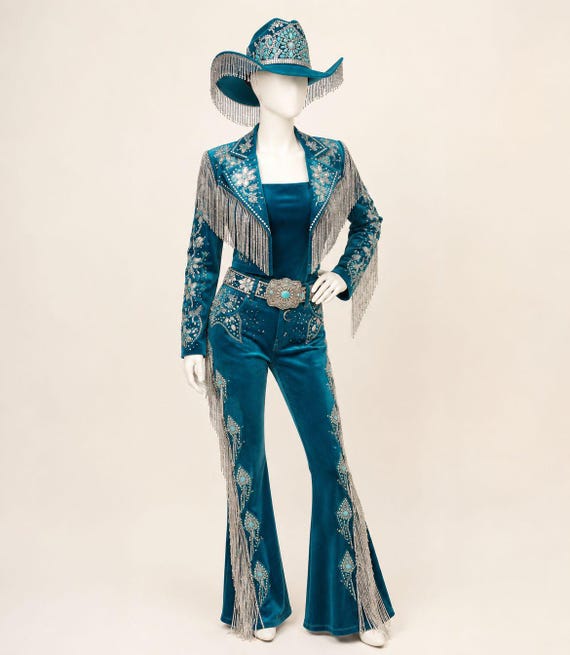 Turquoise Rhinestone Cowgirl Pantsuit, Western Fringe Jacket and Flare Pants, Embellished Rodeo Outfit, Custom Made Stage Performance Suit
