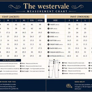 May include: A dark blue and white measurement chart titled The Westervale, featuring detailed sizing tables for coats and pants in inches. It includes numbered diagrams illustrating how to measure specific body points for custom-made suits.