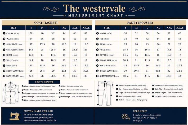 May include: A dark blue and white measurement chart titled The Westervale, featuring detailed sizing tables for coats and pants in inches. It includes numbered diagrams illustrating how to measure specific body points for custom-made suits.