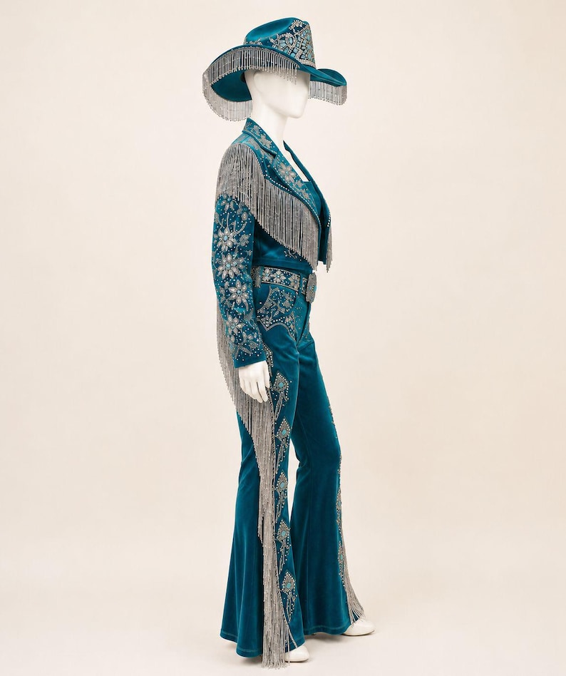 May include: A teal velvet outfit consisting of a cowboy hat, a long-sleeved jacket, and flared trousers. The jacket and hat feature silver fringe, intricate silver embroidery, and clear crystal embellishments. The trousers have matching embroidery.