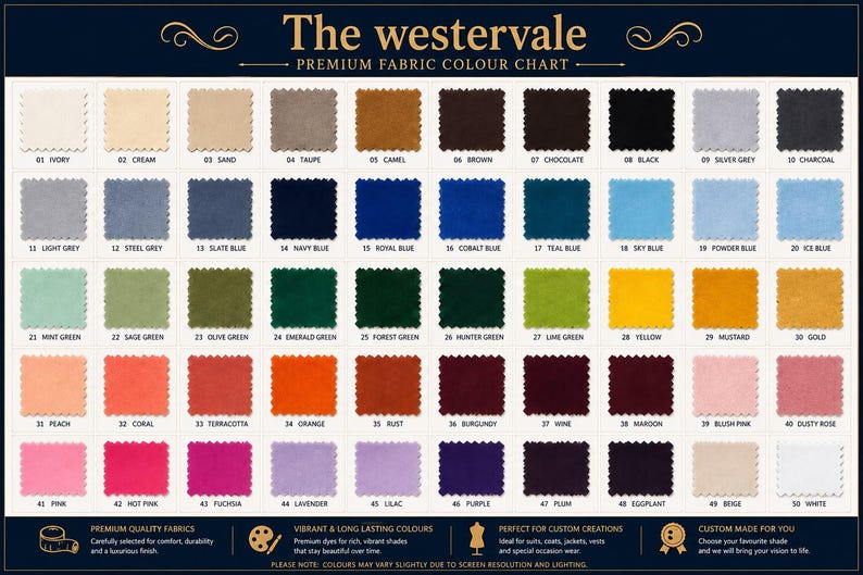 May include: A fabric color chart titled The westervale PREMIUM FABRIC COLOUR CHART featuring 50 numbered square fabric swatches in a grid. The colors range from neutrals like ivory, sand, and charcoal to vibrant shades of blue, green, yellow, orange, red, and purple.