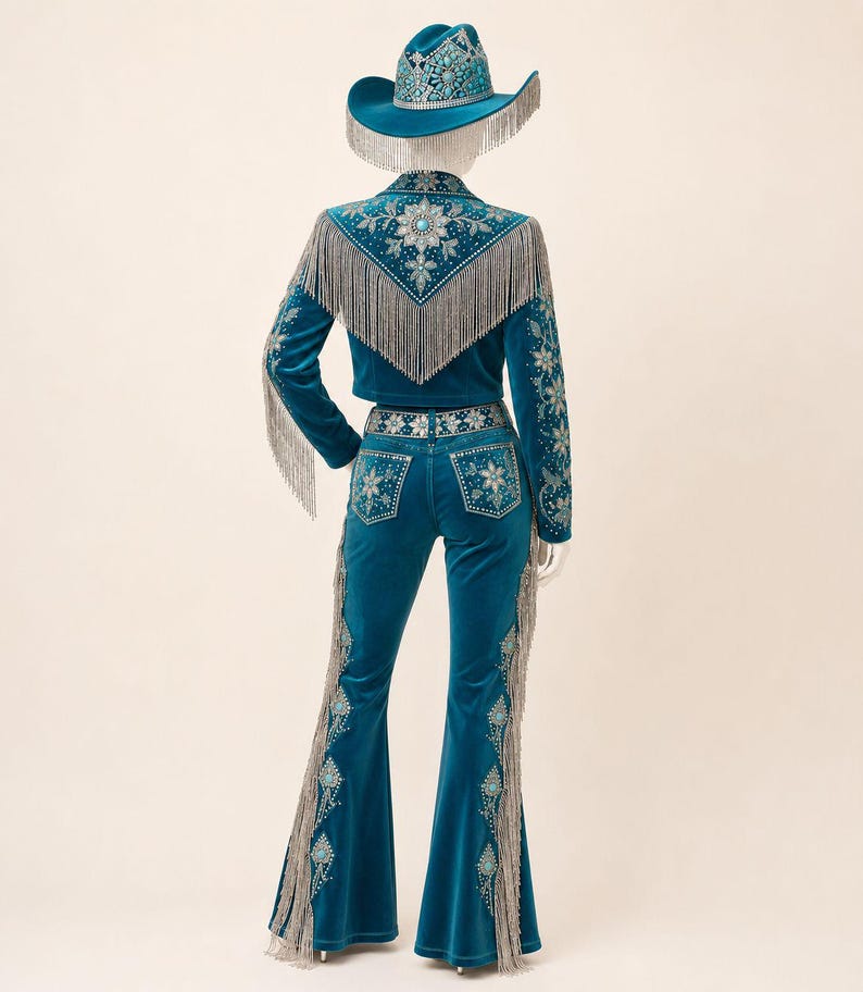 May include: A teal velvet outfit consisting of a cropped jacket and flared pants, both adorned with silver fringe, intricate floral embroidery, and turquoise-colored accents. A matching teal cowboy hat with silver fringe and turquoise details.
