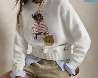 Polo Ralph Lauren Women's Cotton Knit Bear Sweater | Embroidered Long Sleeve Winter Pullover | Cozy Crewneck Jumper