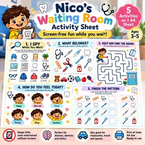 Toddler Waiting Room Activity Printable | Doctor and Dentist Activity Sheet | Screen Free Kids Activities Ages 3-5 | I Spy & Maze